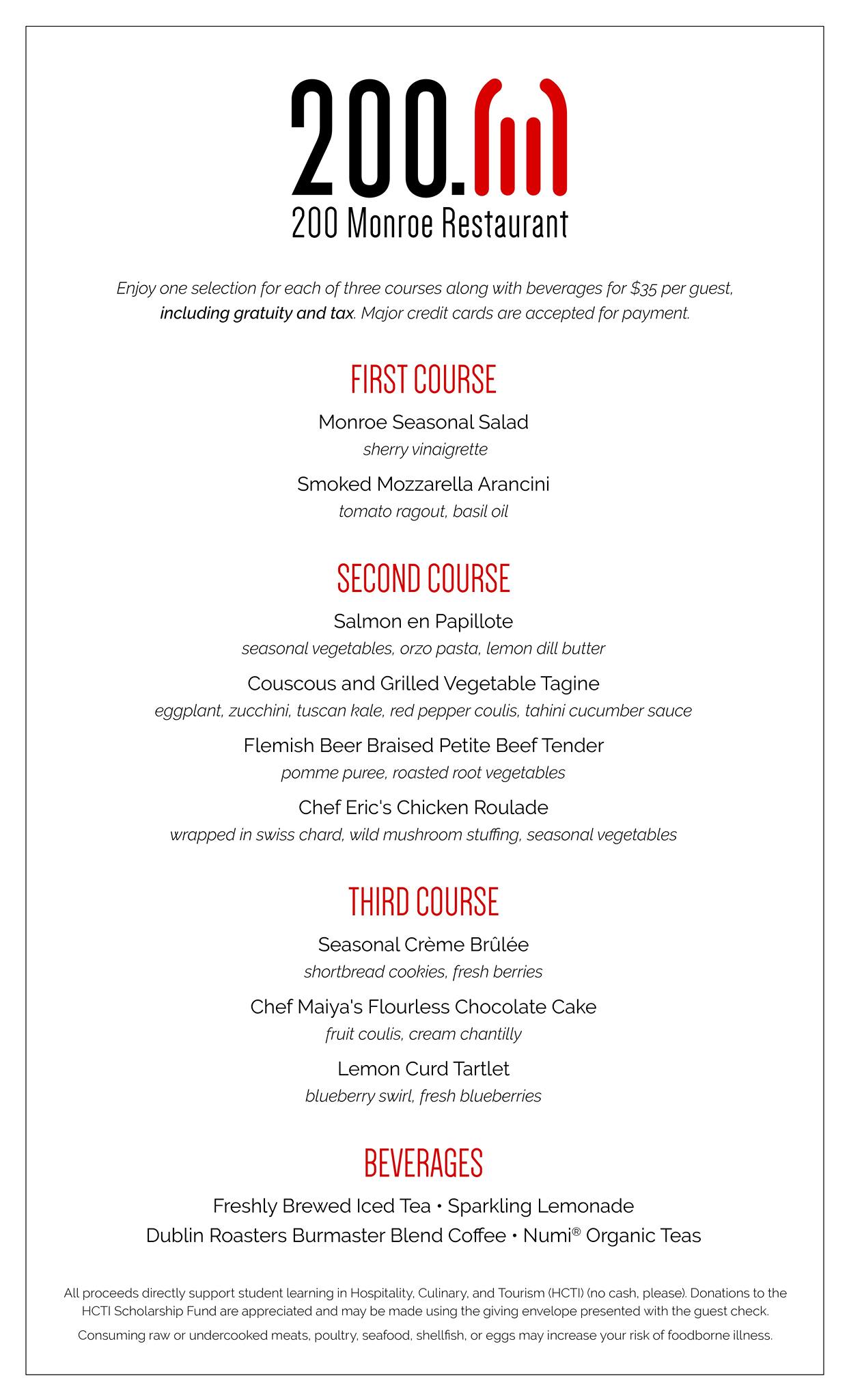200 Monroe Restaurant – FCC Hospitality, Culinary & Tourism Institute Menu