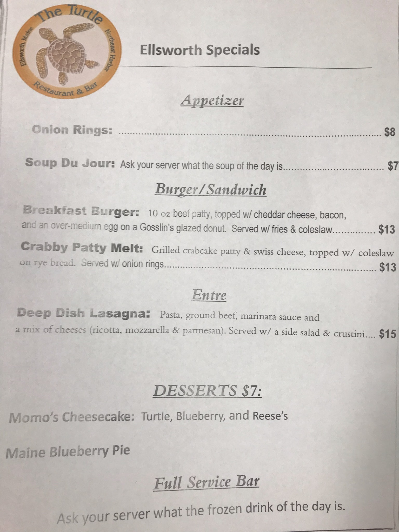 The Turtle Restaurant & Bar Menu