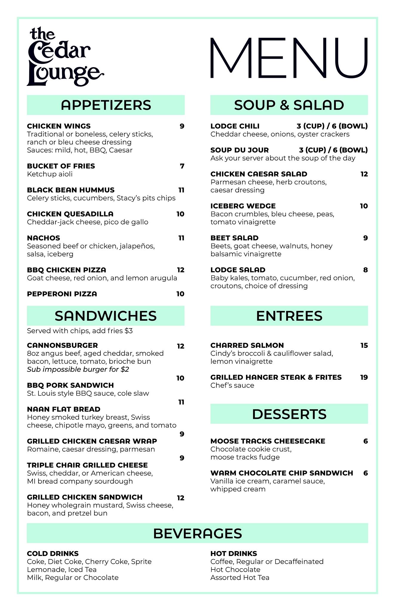 The Cedar Lounge Menu