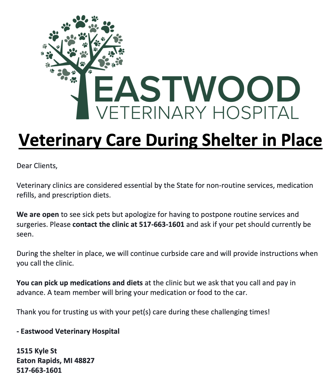 Eastwood Veterinary Hospital 1515 Kyle Ave, Eaton Rapids Michigan 48827