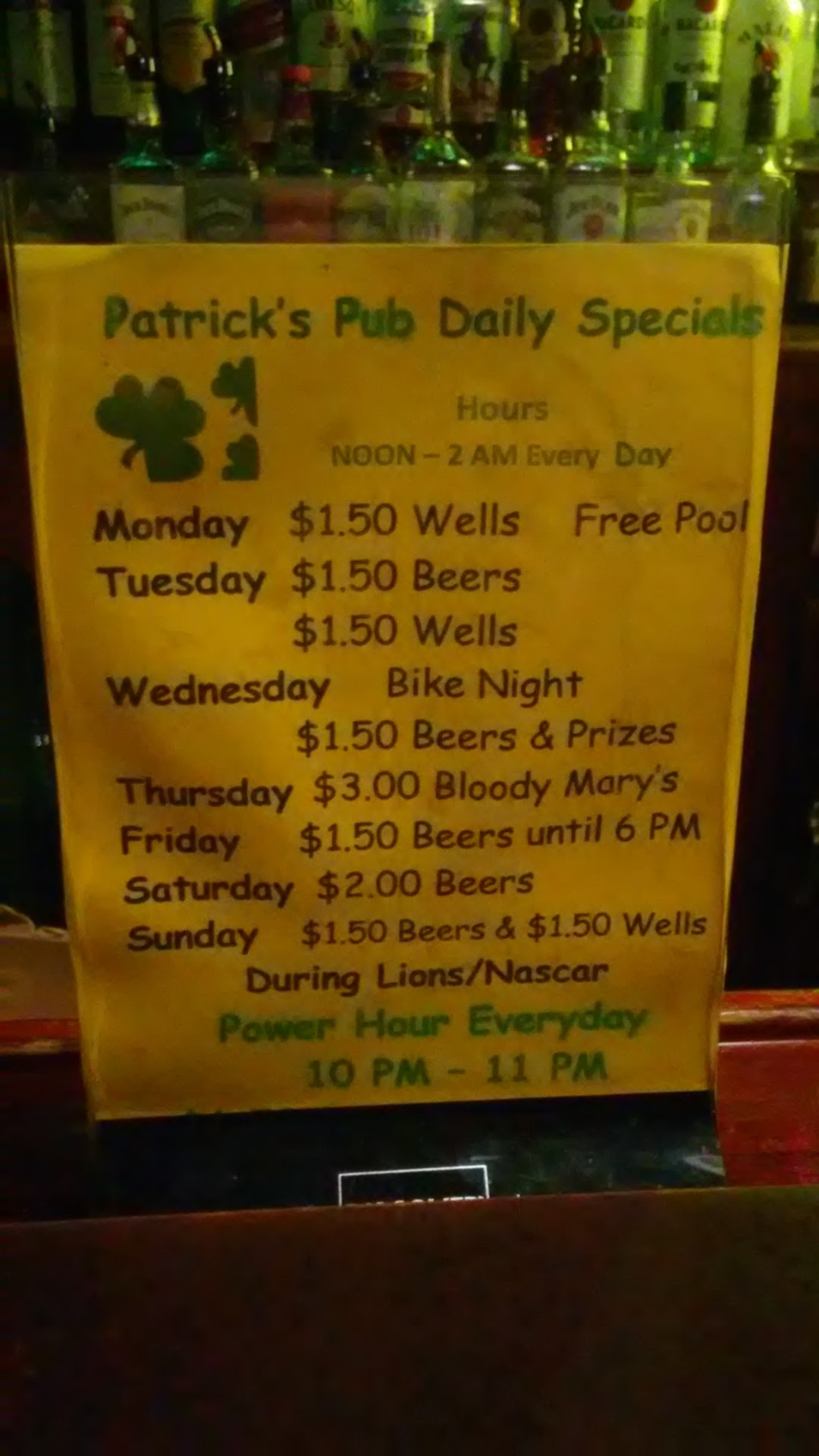 Patrick's Pub Menu