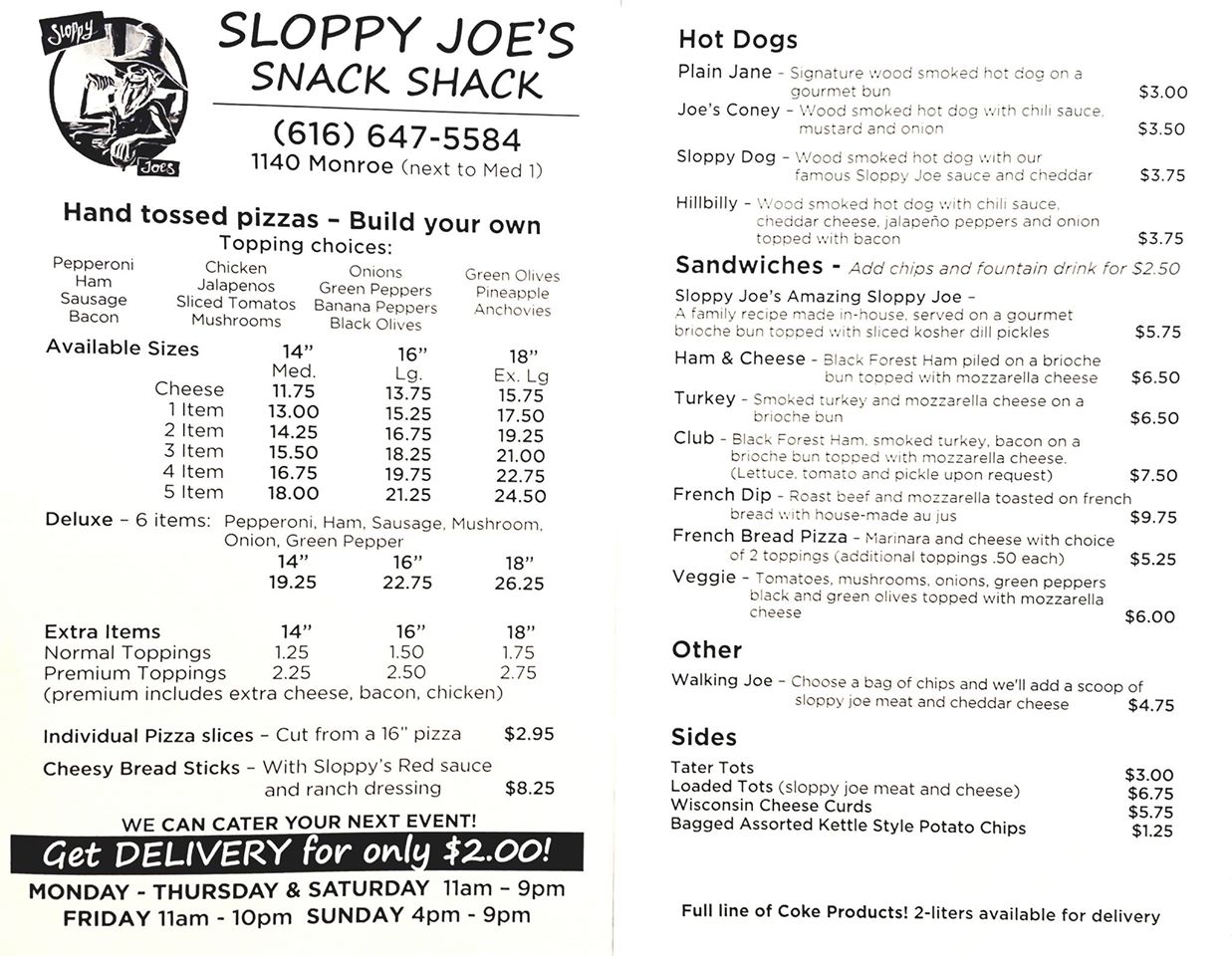 Sloppy Joe's Snack Shack Menu
