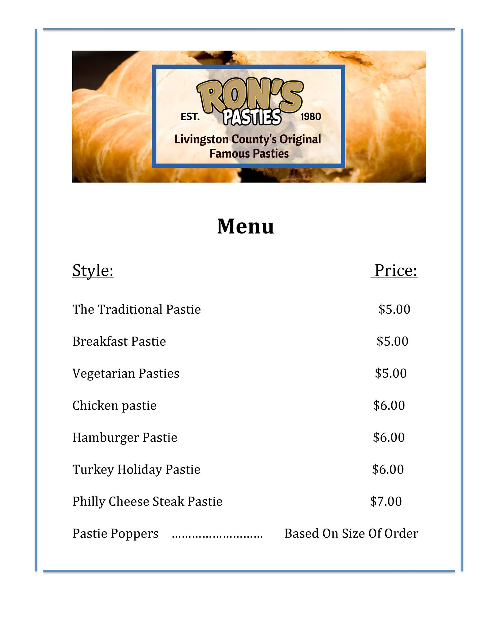 Ron's Pasties Menu