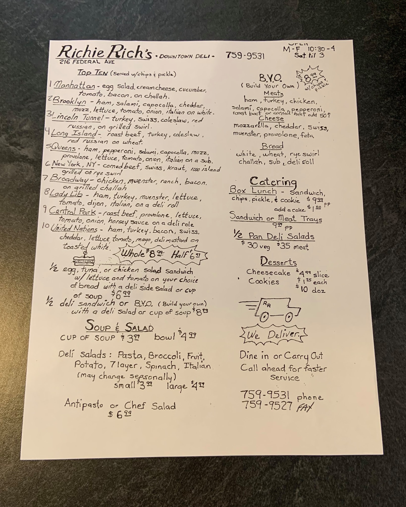 Richie Rich's Deli Menu