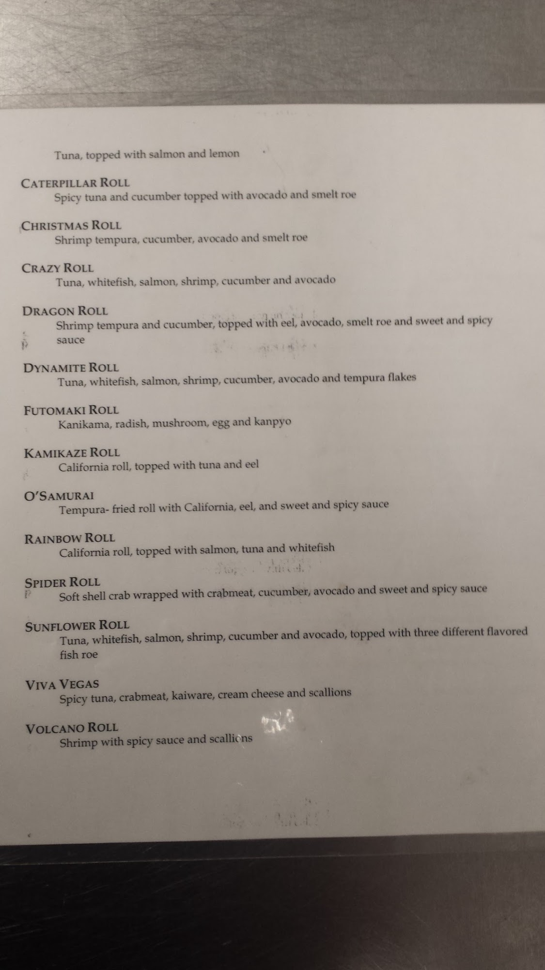 O'Samurai Japanese Steakhouse Menu