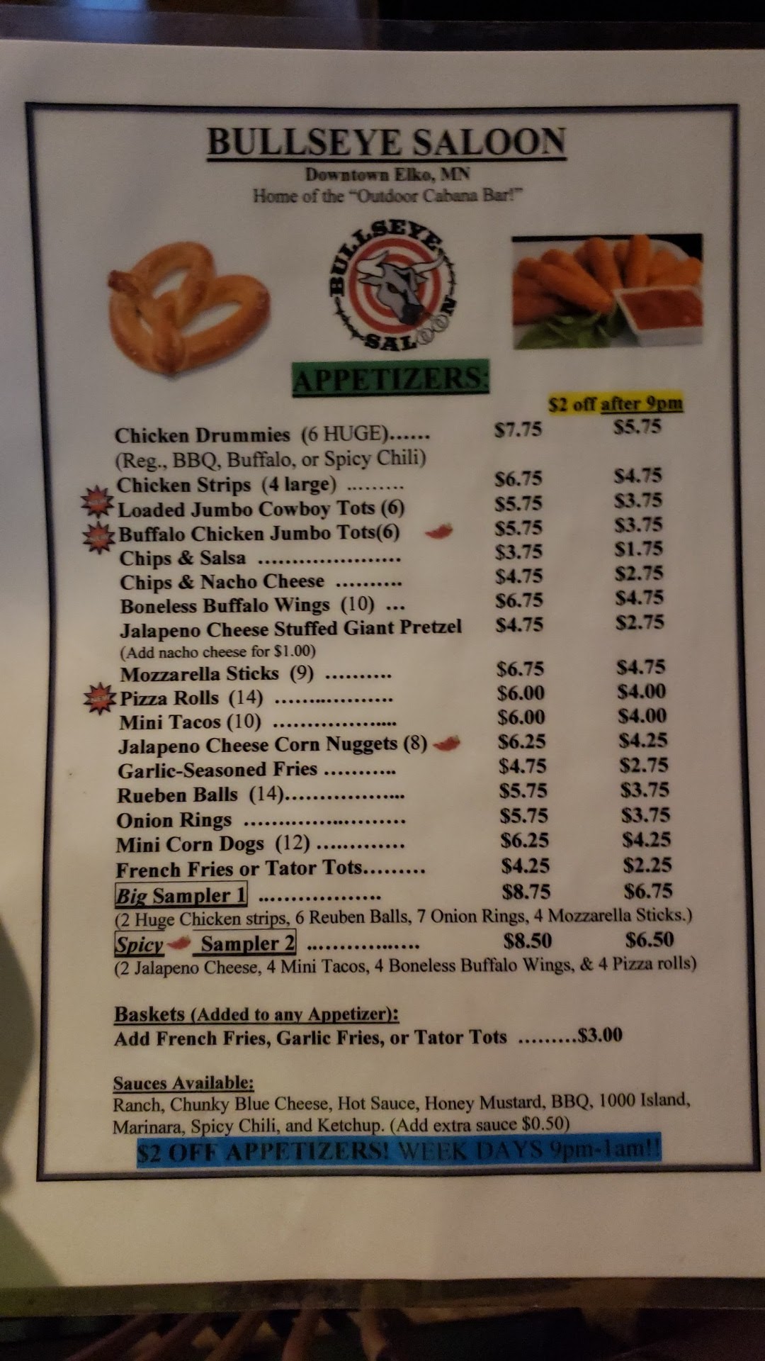 Bullseye Saloon Menu