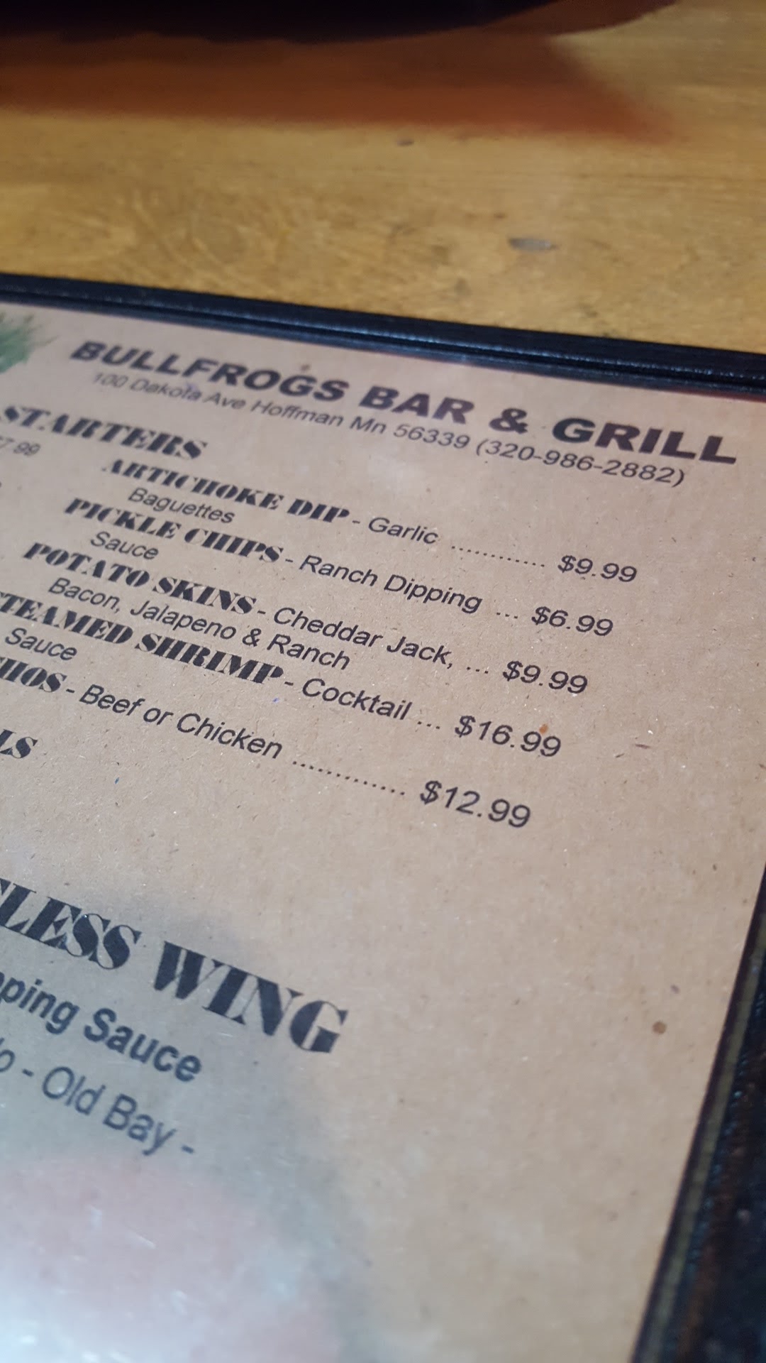 Bullfrogs Bar & Grill Menu