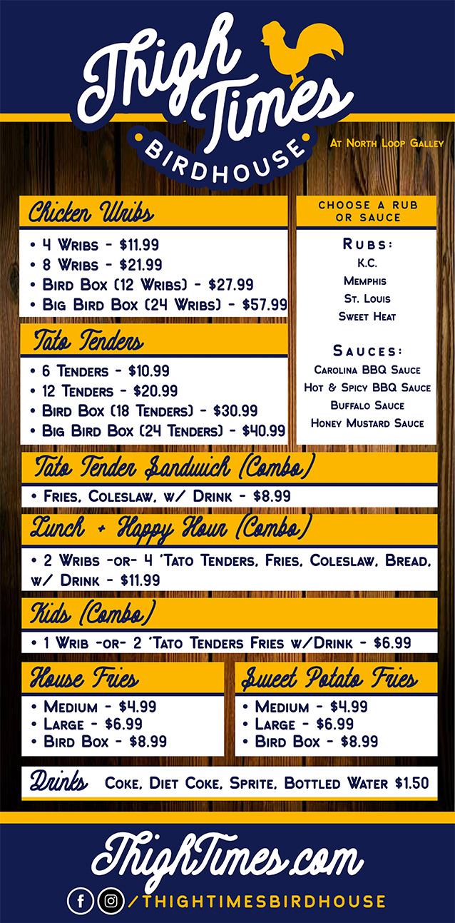 Thigh Times Birdhouse Menu