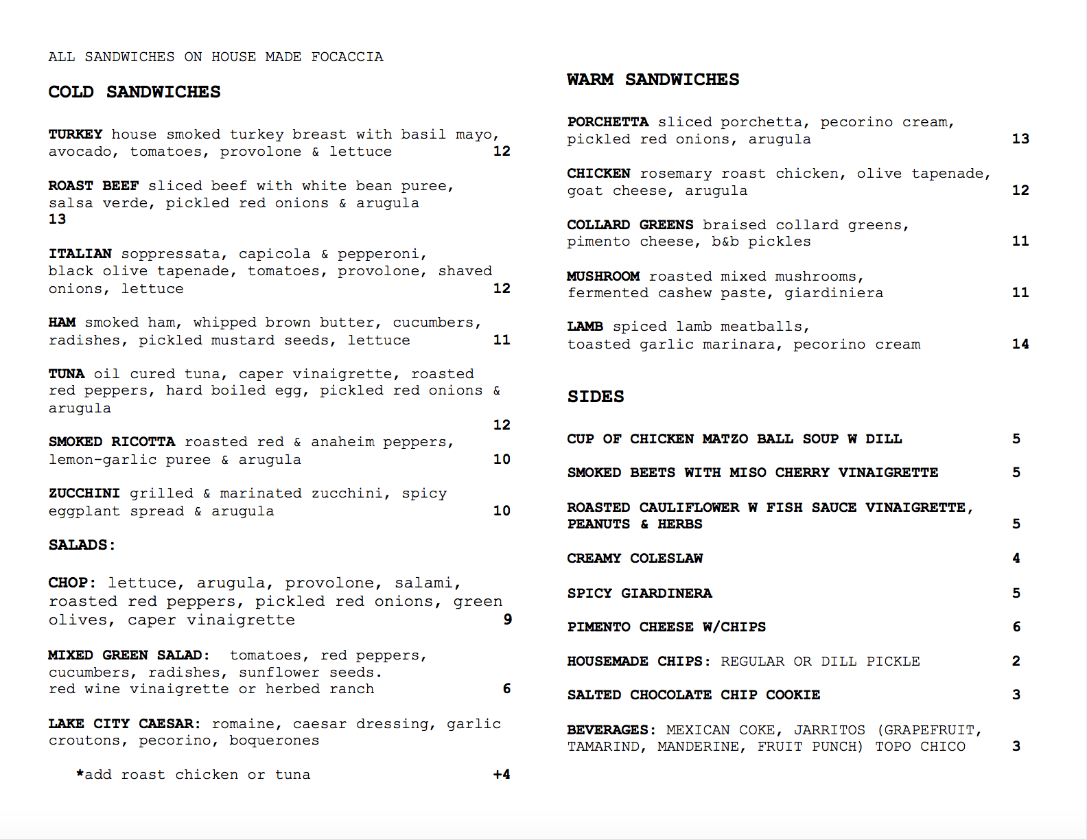 Lake City Sandwiches Menu