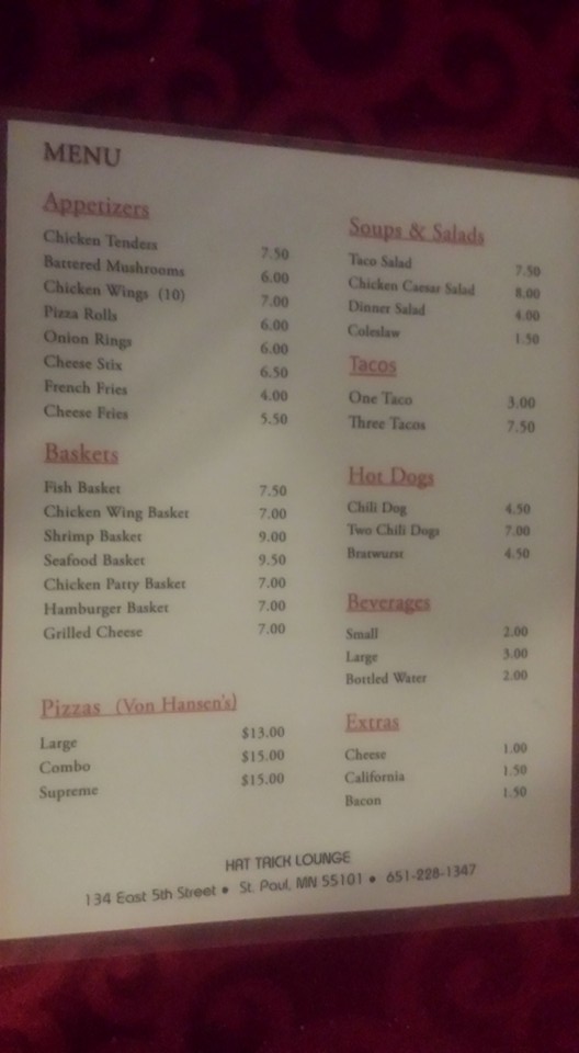Hat Trick Lounge Menu