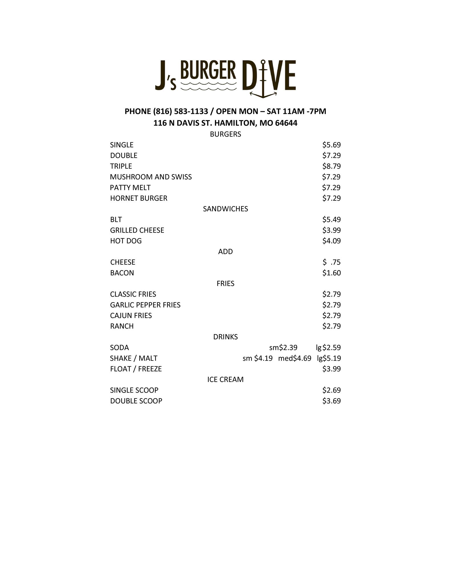 J's Burger Dive Menu