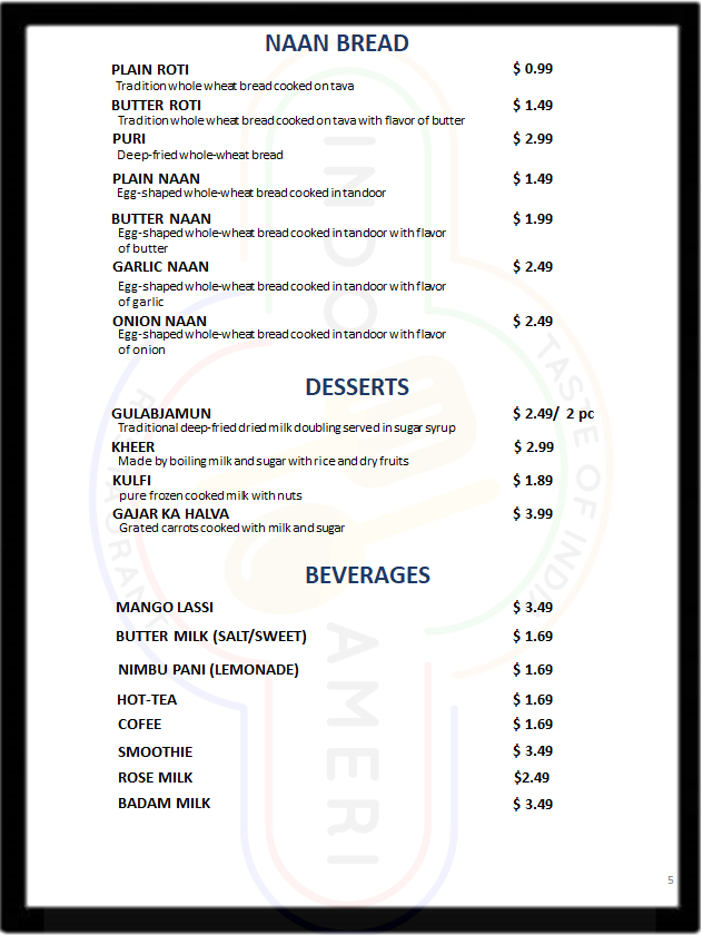 Indo Ameri Taste of India Menu