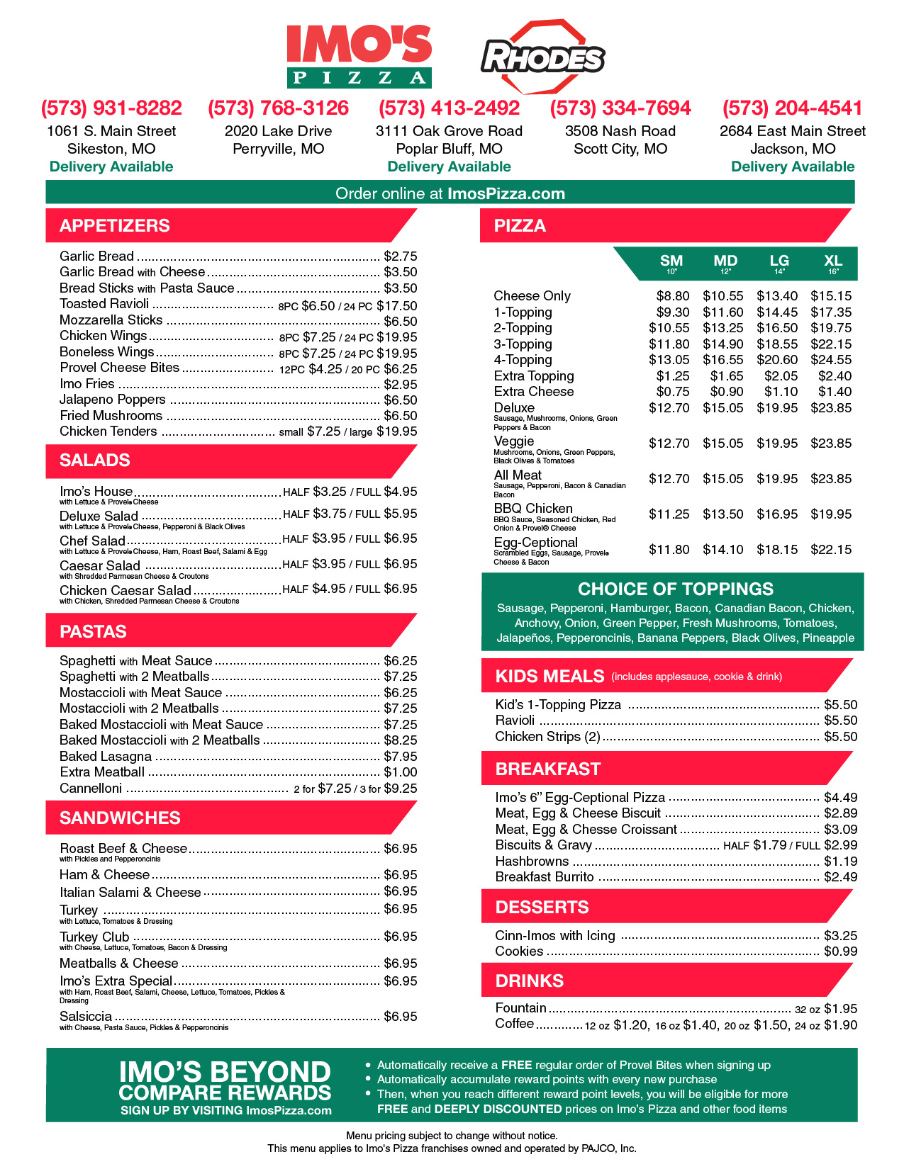 Imo's Pizza Menu