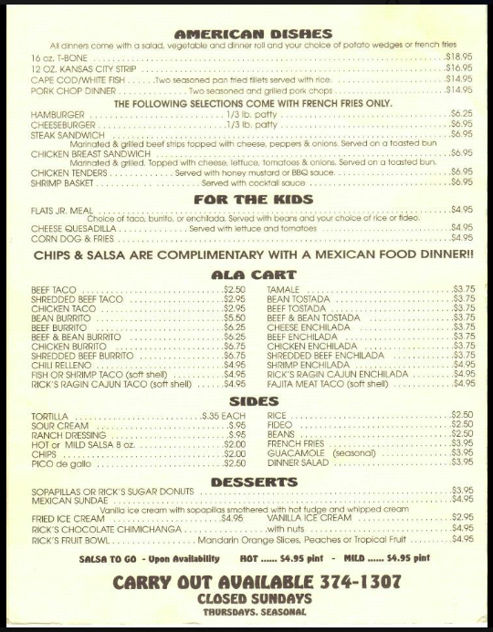 Tortilla Flats Menu