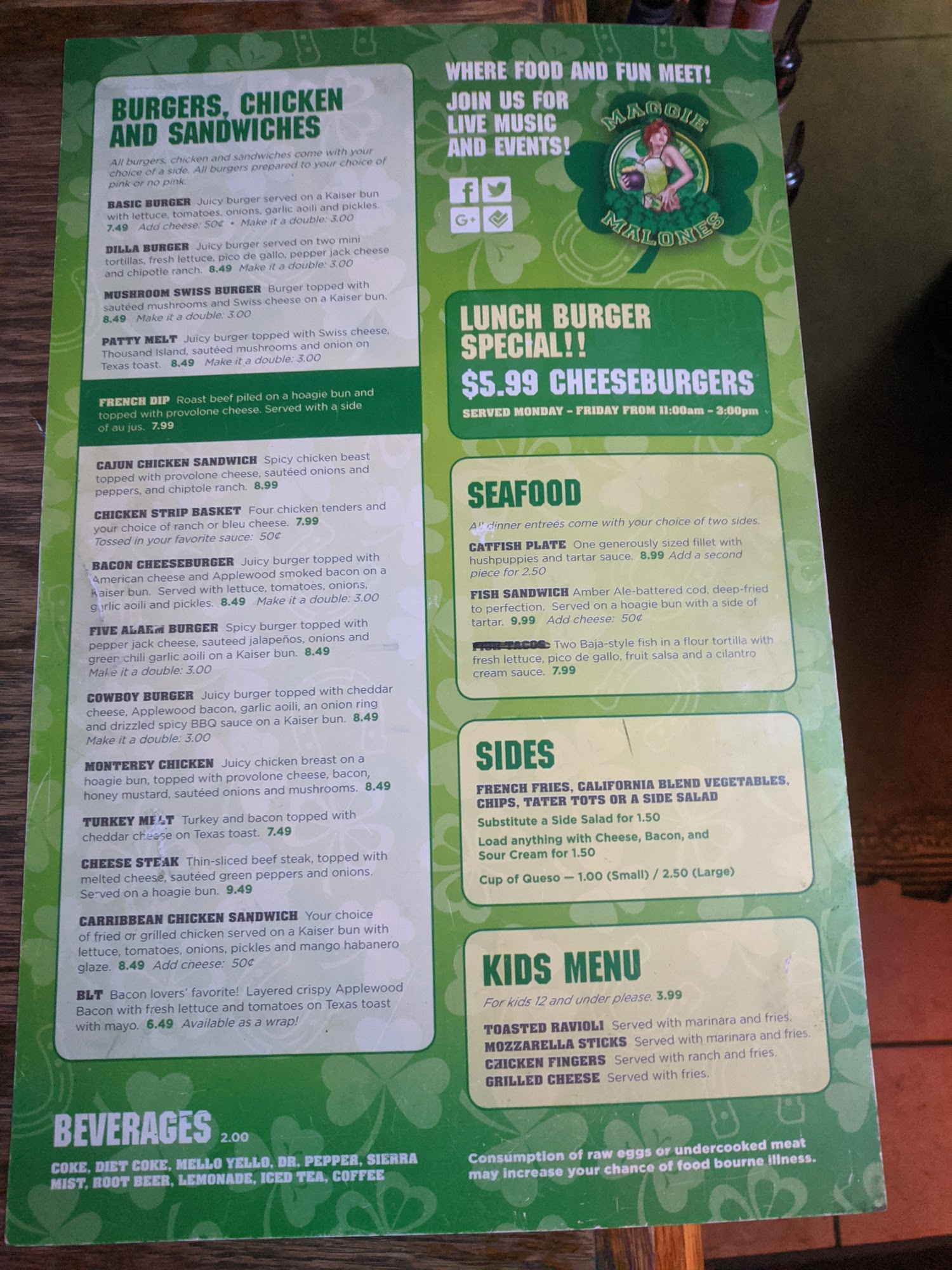 Maggie Malone's Menu
