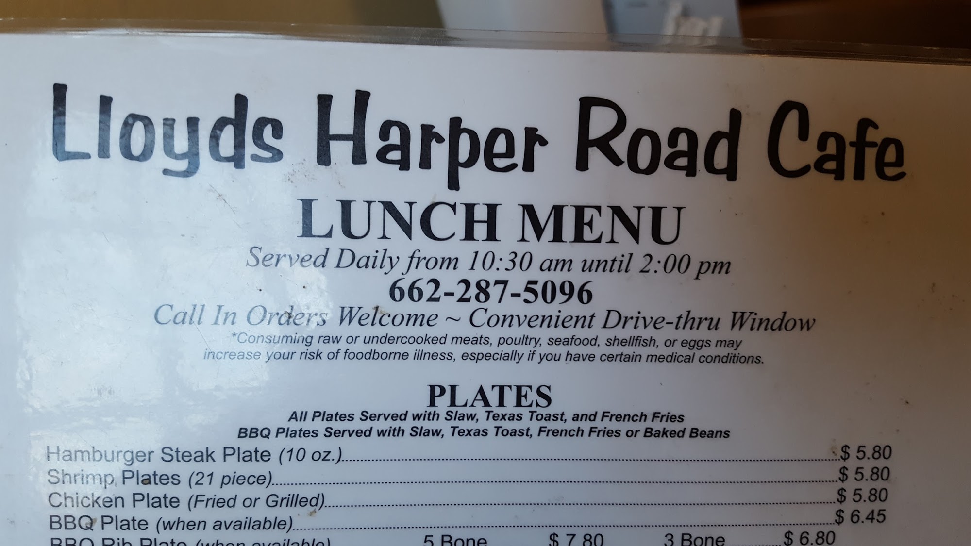 Lloyds Harper Road Cafe Menu