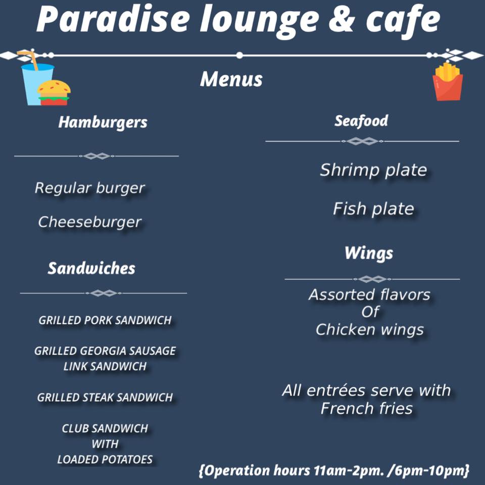 Paradise Lounge Cafe Menu
