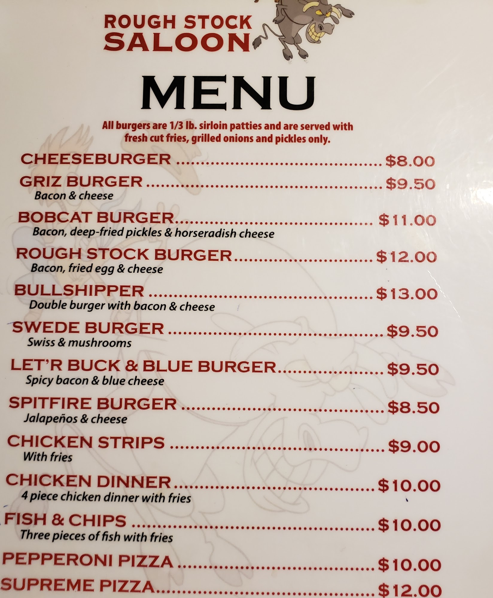 Rough Stock Saloon Menu