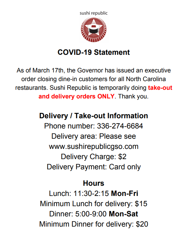 Sushi Republic 329 Tate St, Greensboro