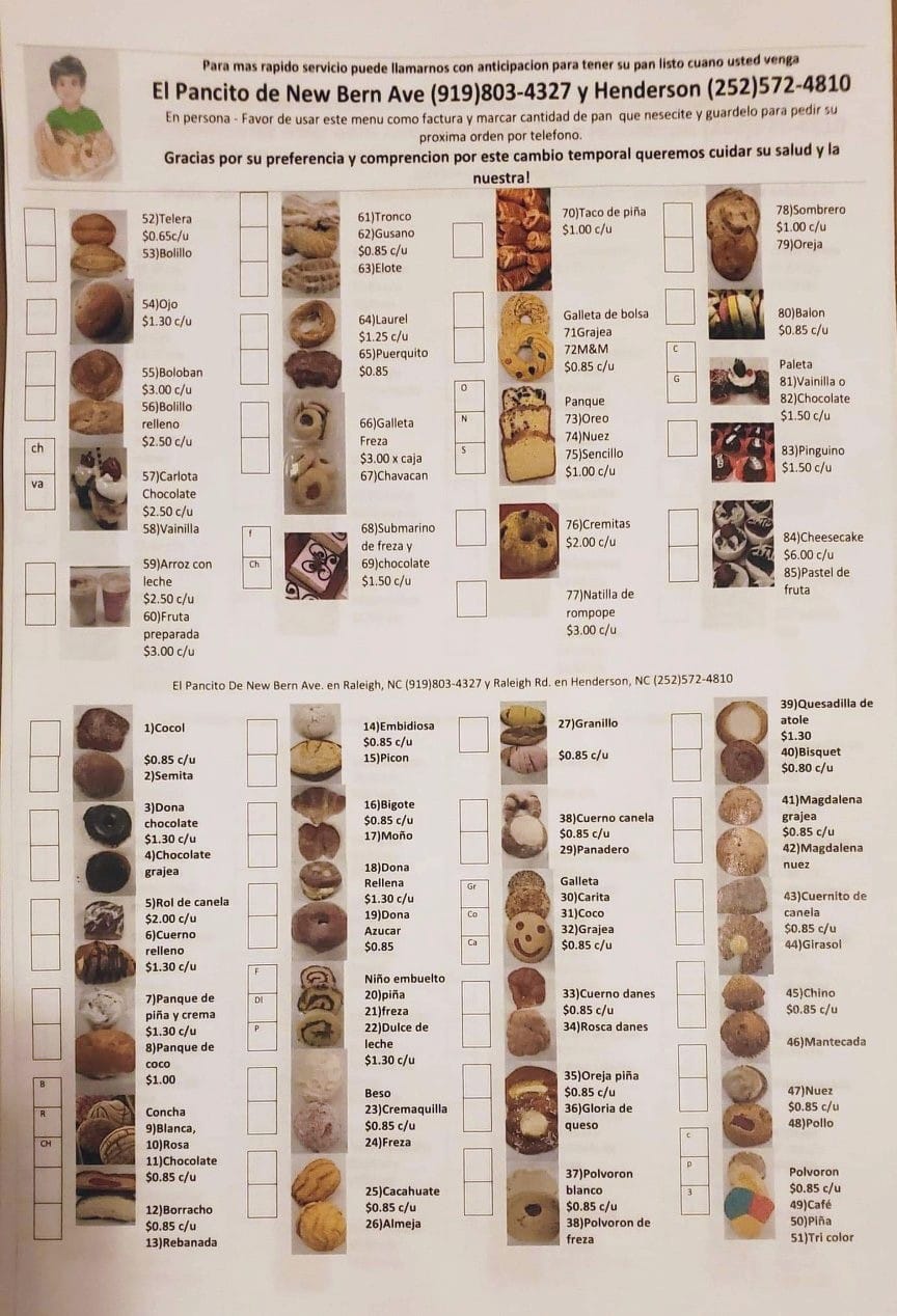 El Pancito Bakery Menu
