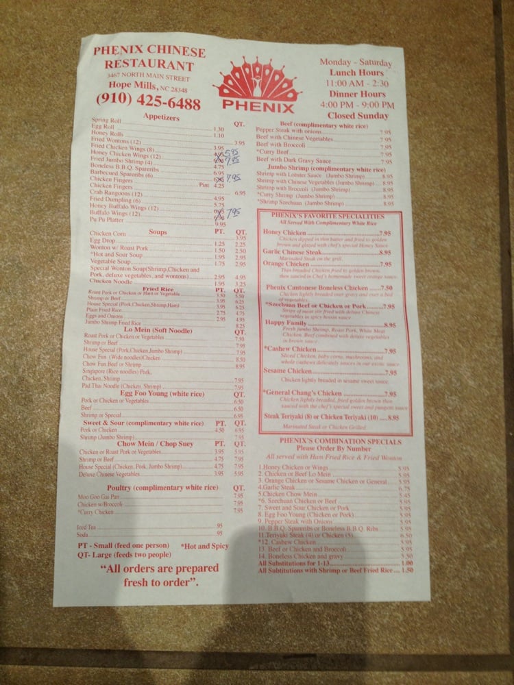 Phenix Chinese Restaurant 3467 N Main St, Hope Mills