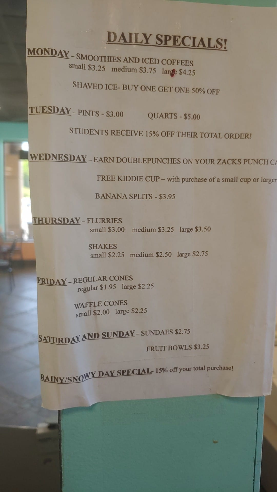 Zack's Famous Frozen Yogurt Menu