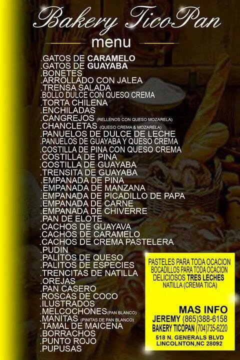 Tico Pan Bakery Menu