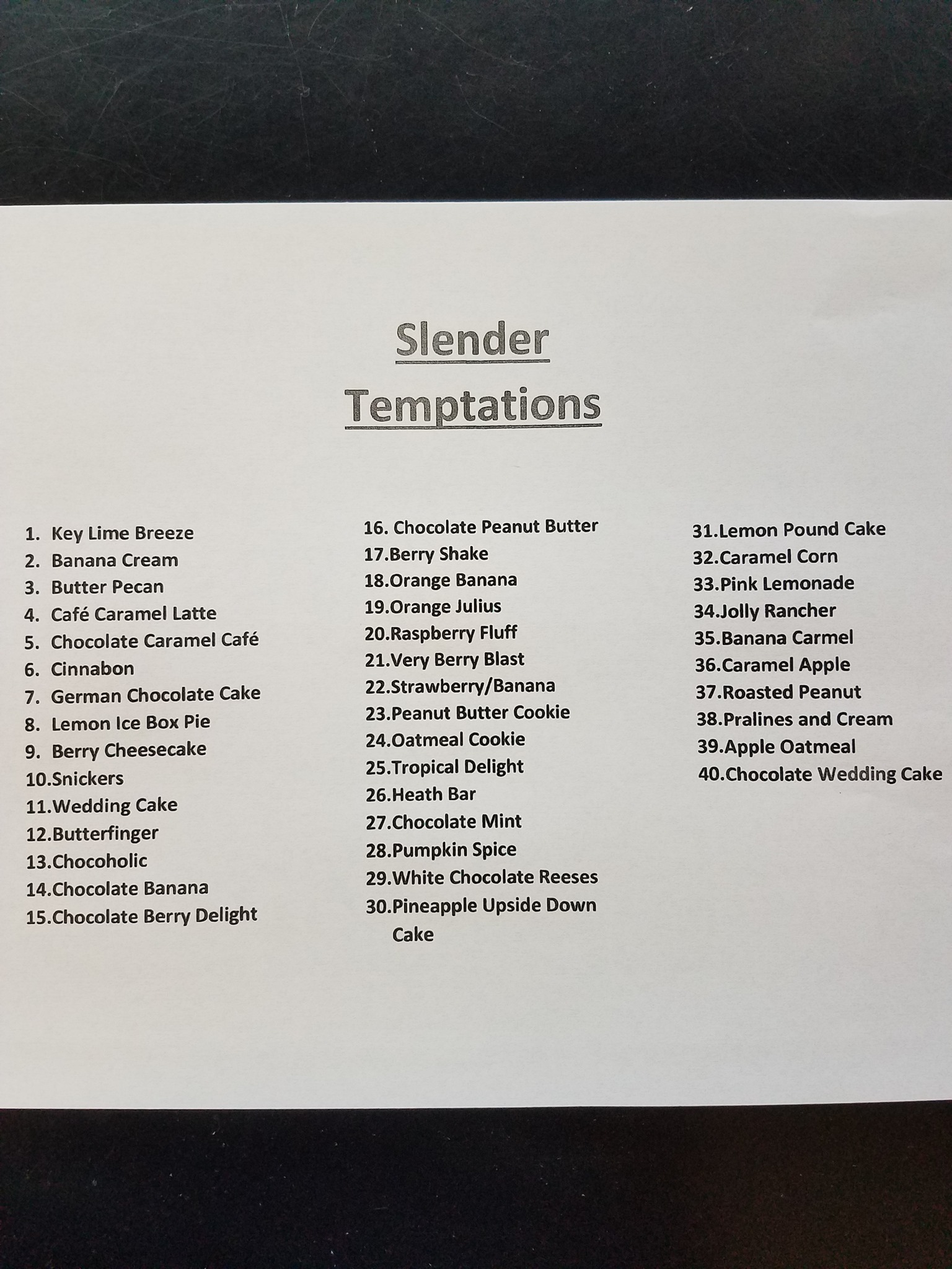 Slender Temptations Nutrition Menu