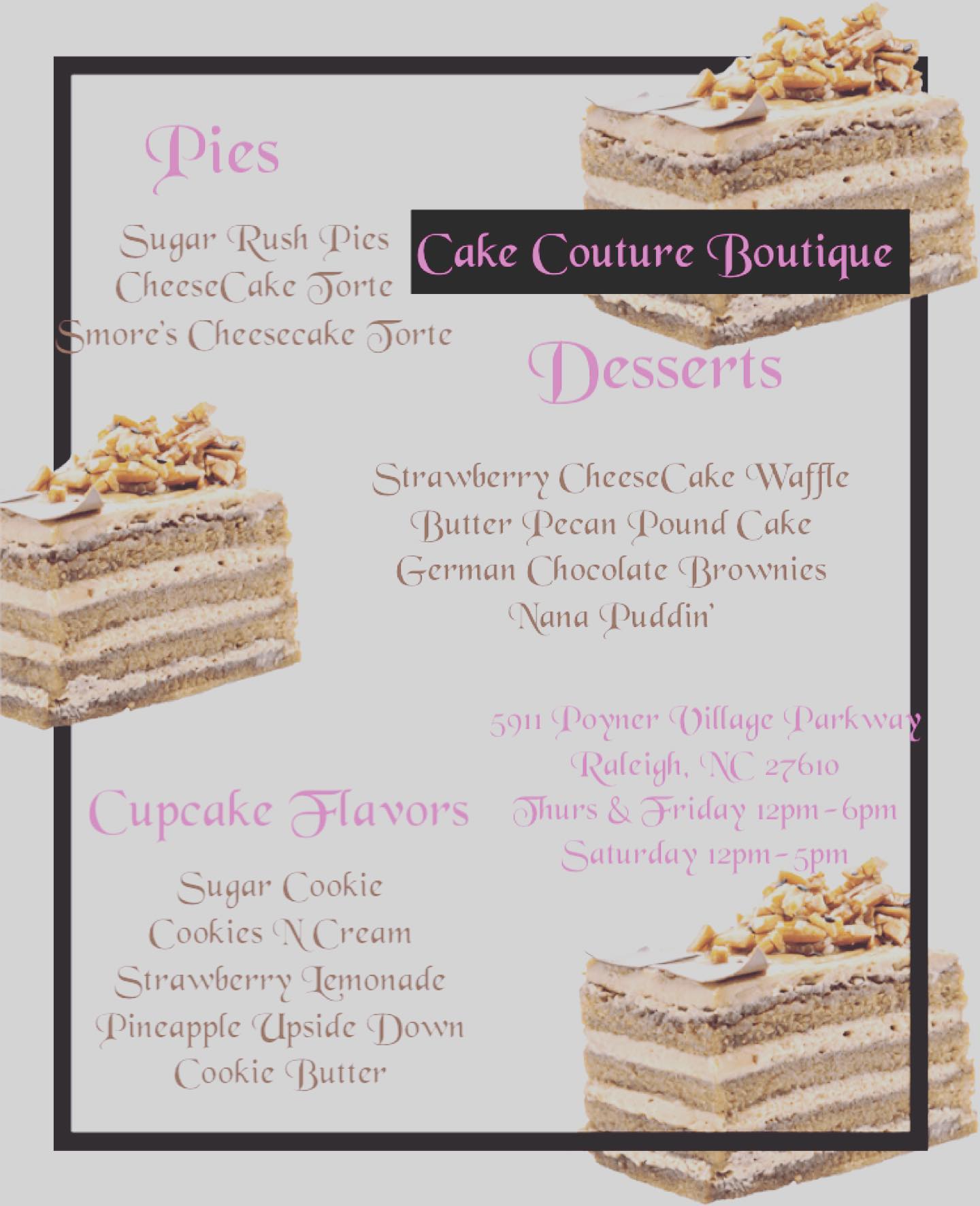 Cake Couture Boutique Menu