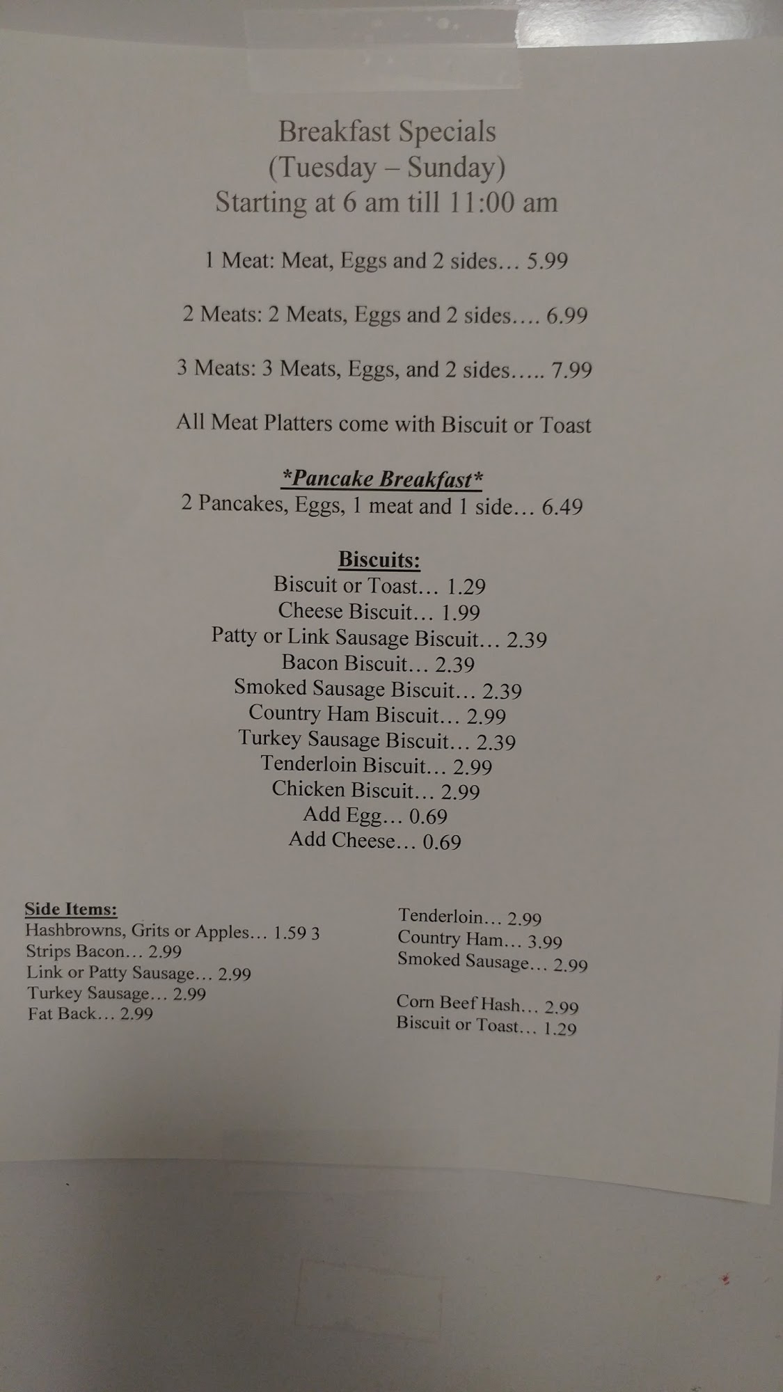 Hunter Hill Cafe Menu