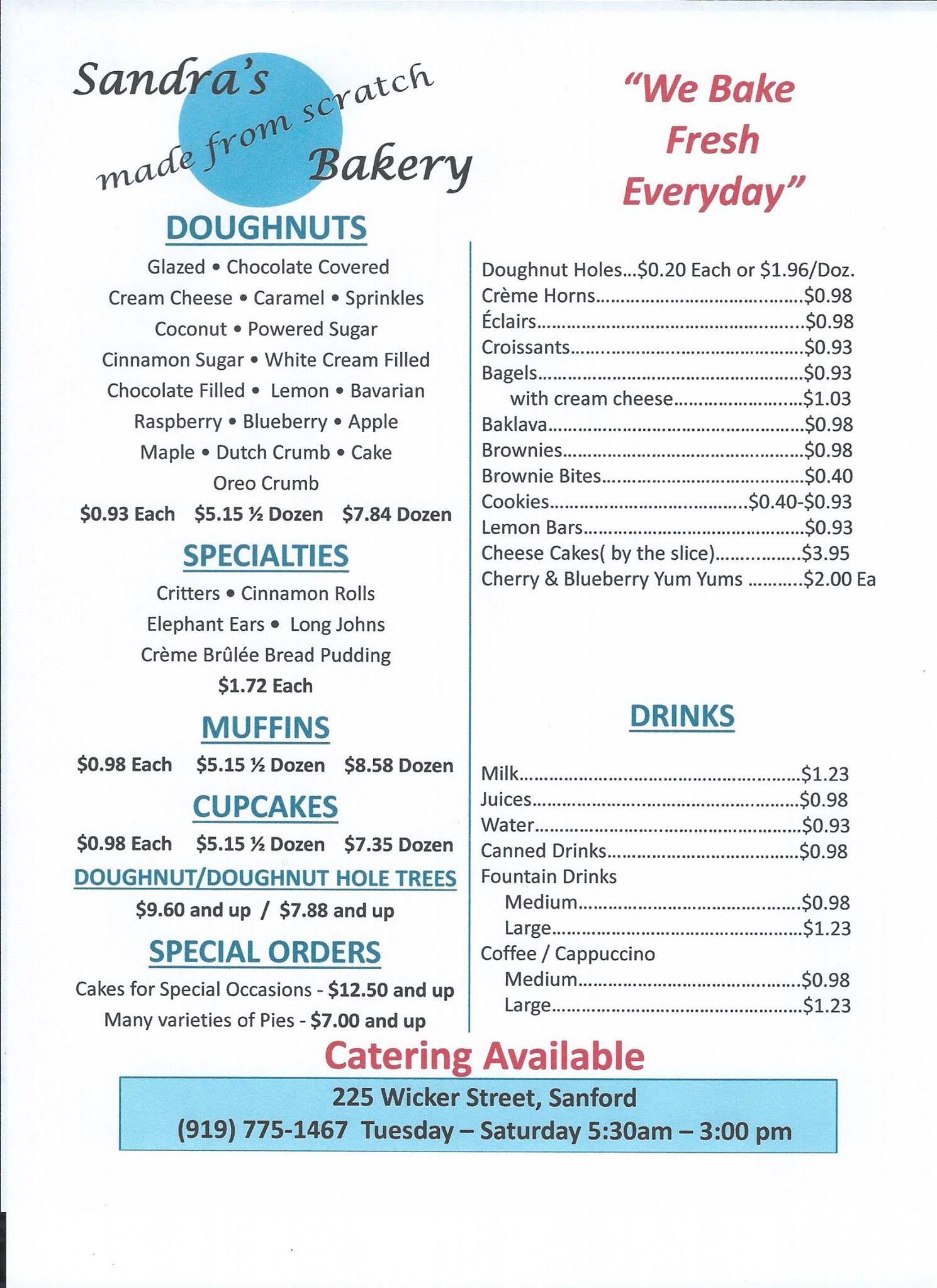 Sandra's Bakery Menu
