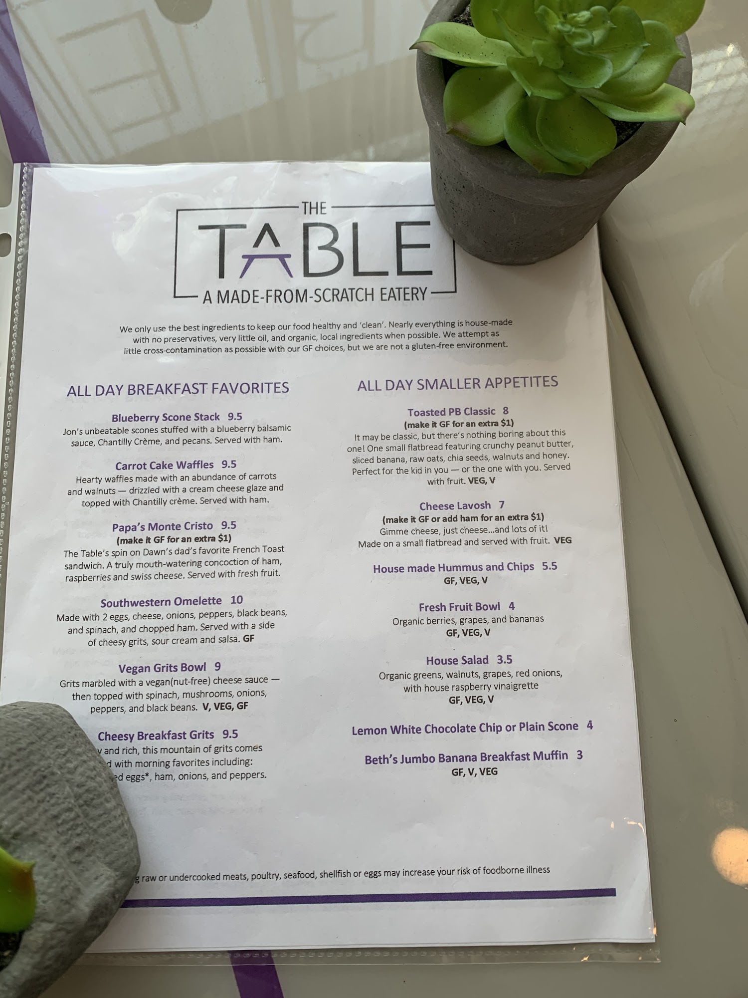 The Table -- A Made-From-Scratch Eatery Menu