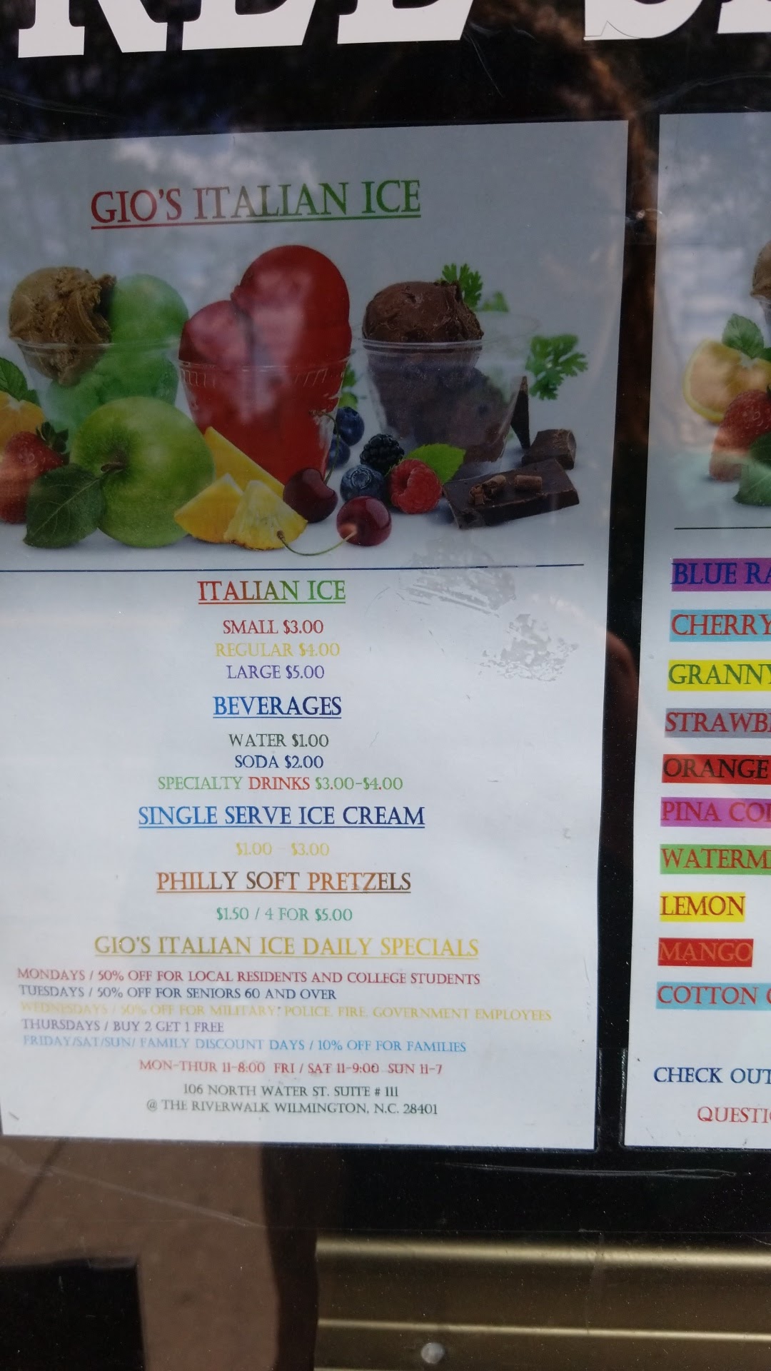 Gio's Italian Ice Menu