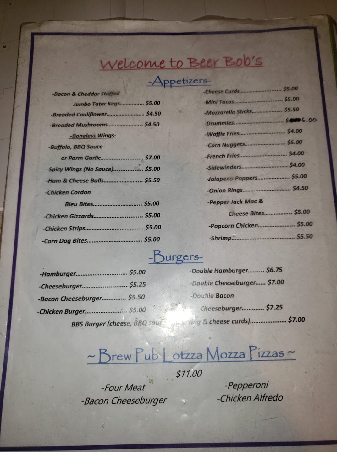 Beer Bob's Menu