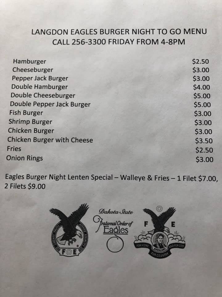 Fraternal Order of Eagles Menu