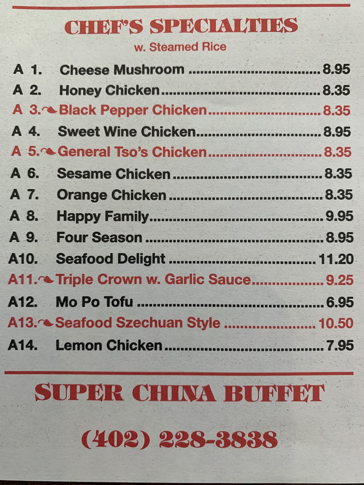 Super China Buffet Menu