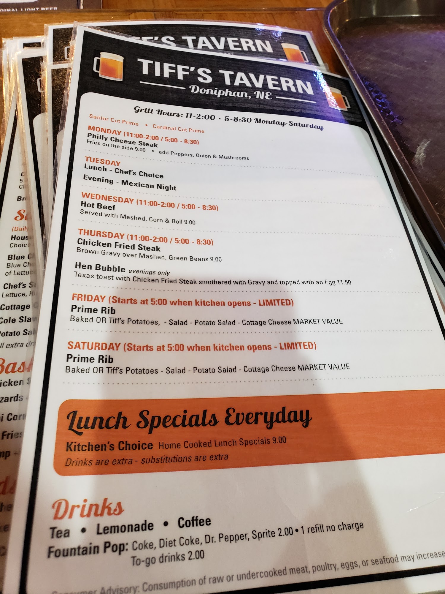 Tiff's Tavern Menu