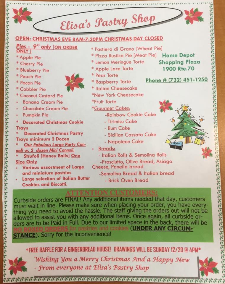 Elisa's Bakery Menu
