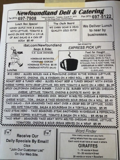 Newfoundland Deli & Catering Menu