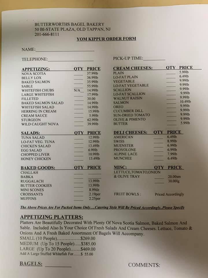 Butterworths Bagel Bakery Menu