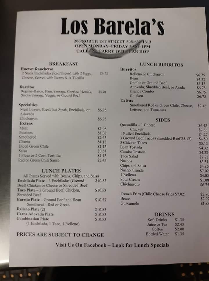 Los Barelas Drive Thru Menu