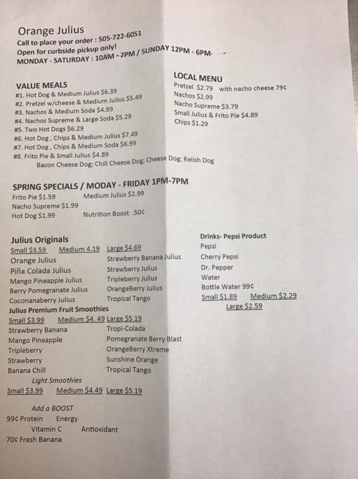 Orange Julius Menu