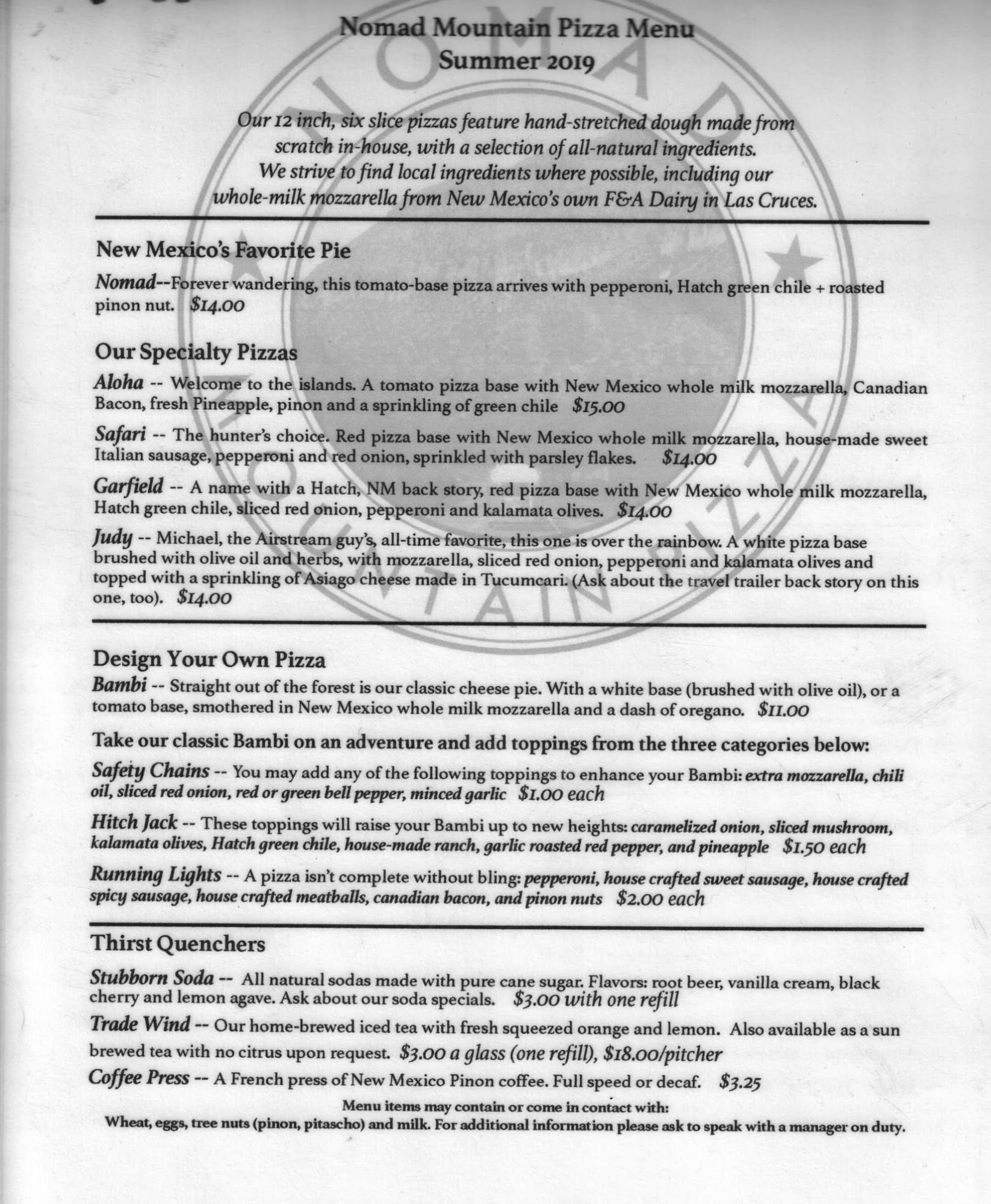 Nomad Mountain Cafe, Pizza & More Menu