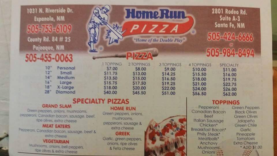 Home Run Pizza Menu