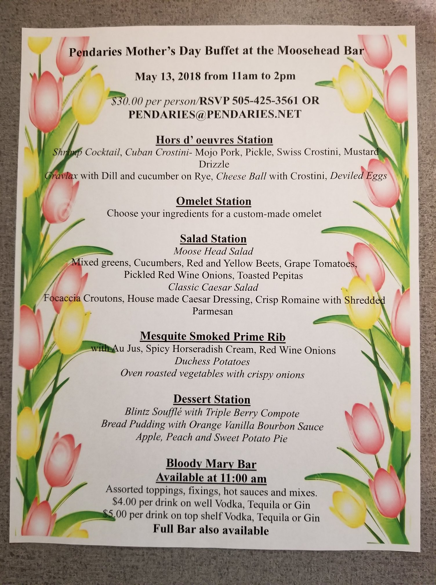 Pendaries Restaurant Menu