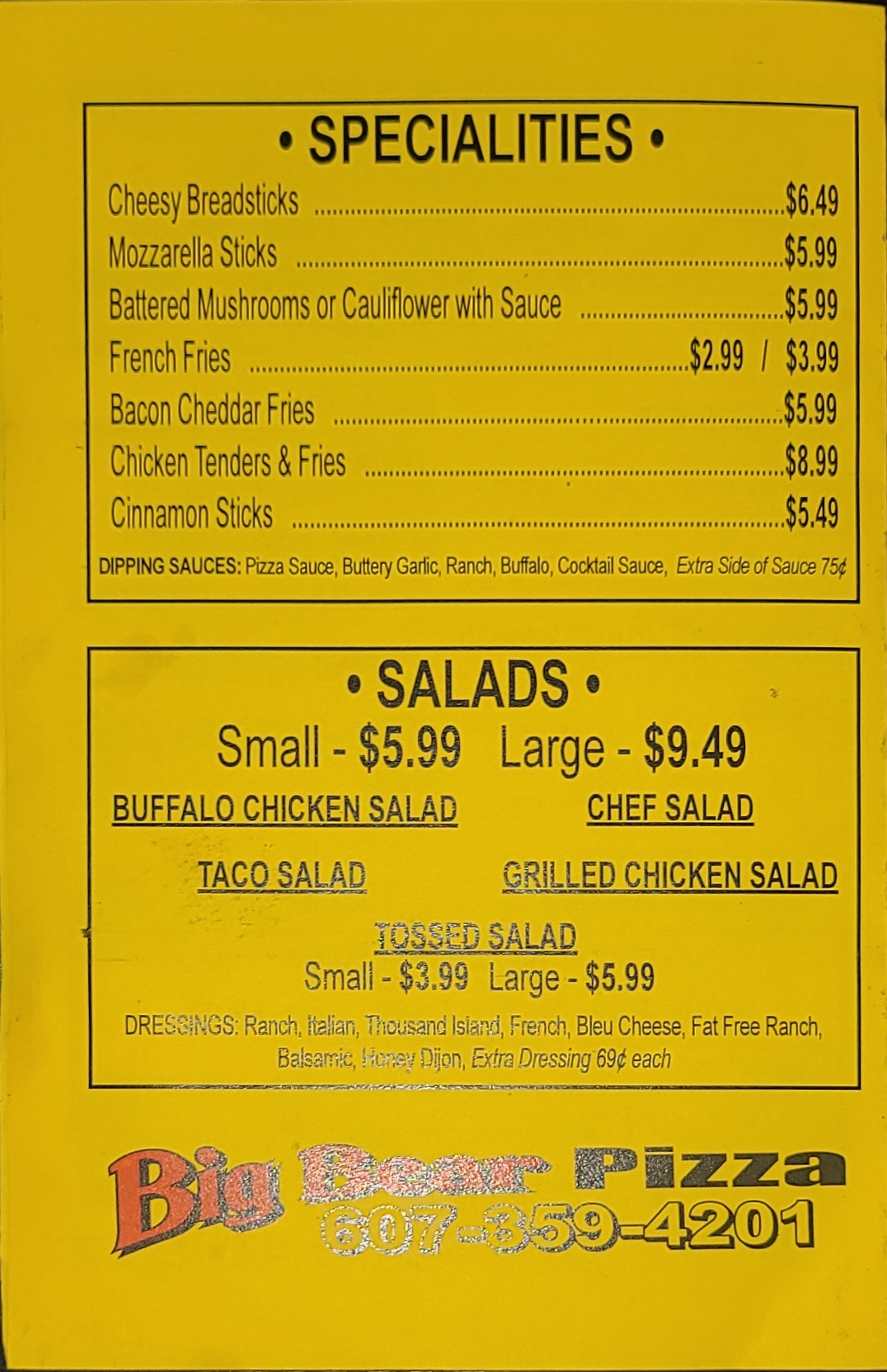 Big Bear Pizza Menu