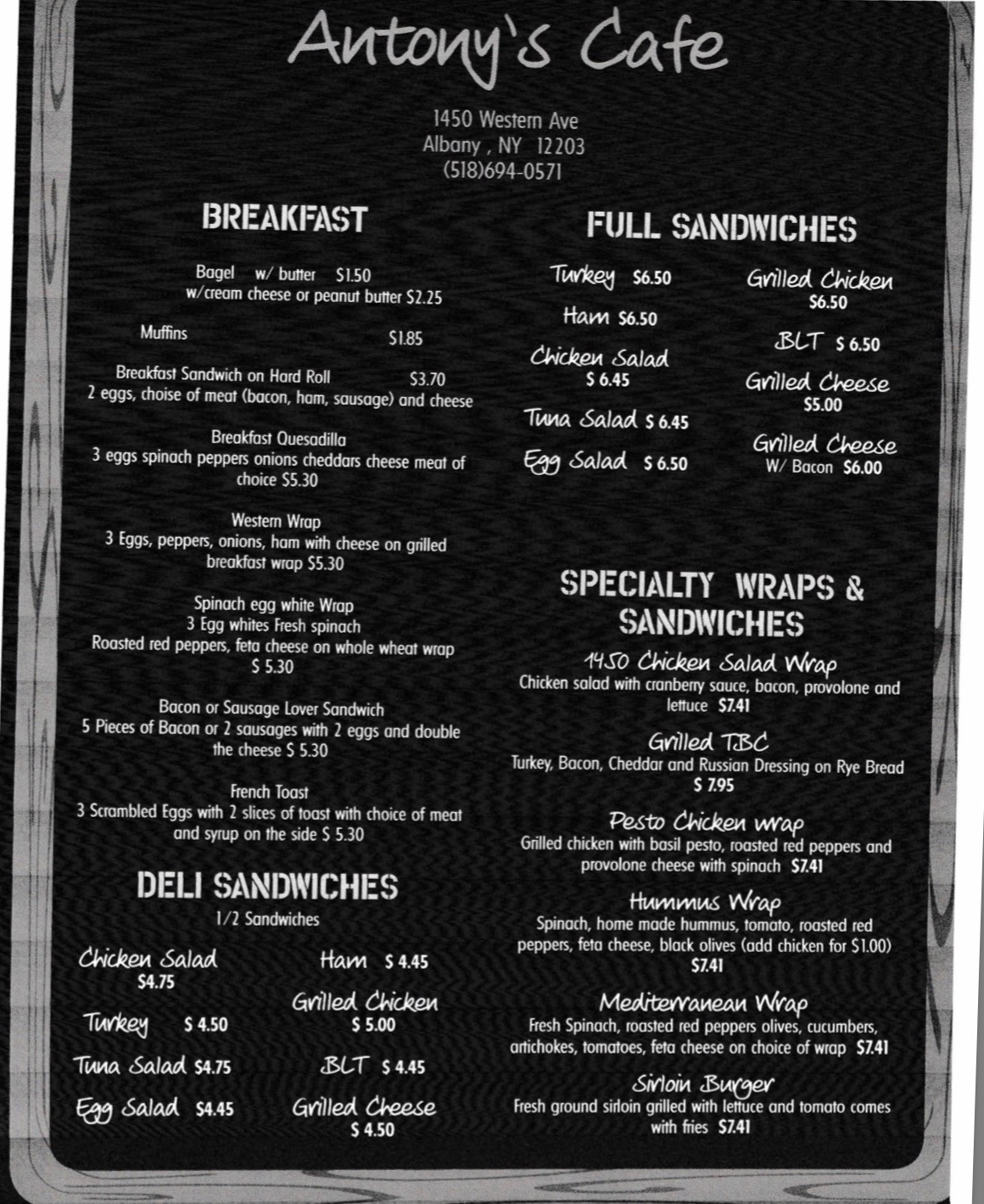 Antony’s cafe Menu