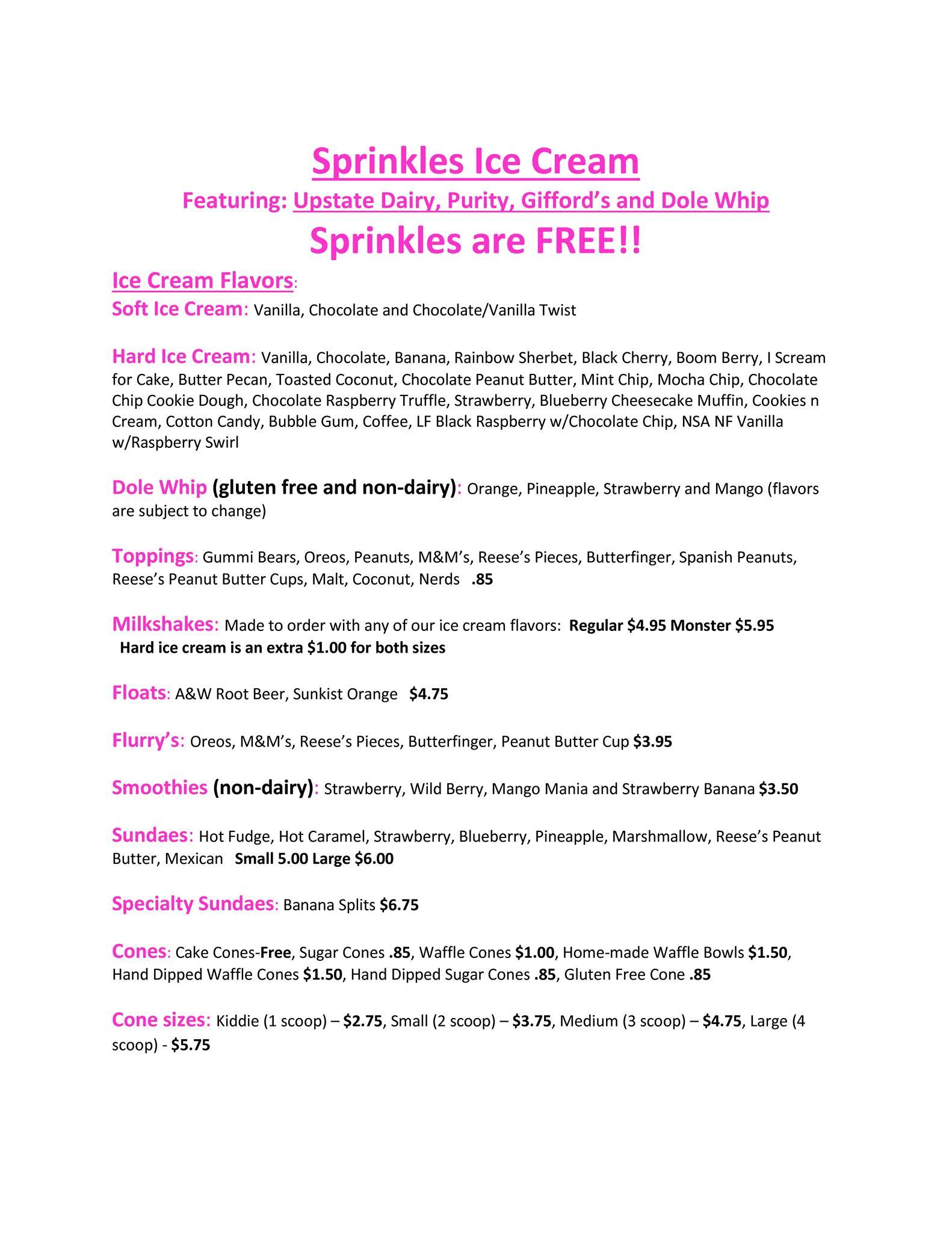 Sprinkles Ice Cream Parlor Menu