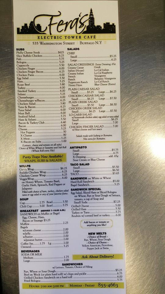 Fera's Electric Tower Cafe Menu