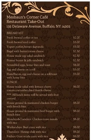 Mesbaun's Corner cafe Menu